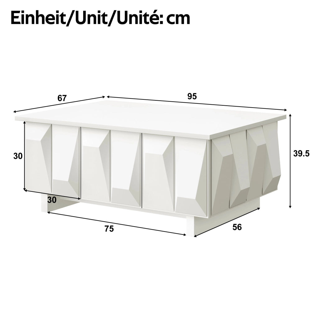 Tavolino da caffè 95x67x39;5 cm con 3 ante e frontali 3D in truciolare; bianco