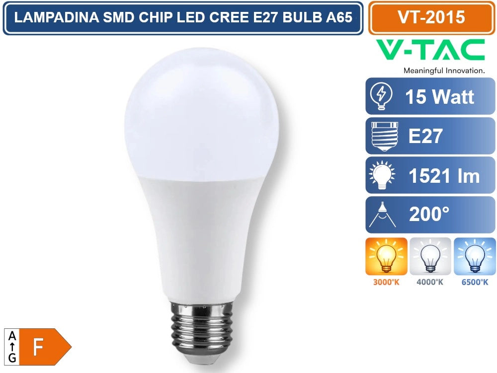 10 PEZZI V-TAC VT-2015 LAMPADINA LED E27 15W A65 GOCCIA SMD CHIP CREE TERMOPLASTICA - Colore Luce:Bianco Caldo