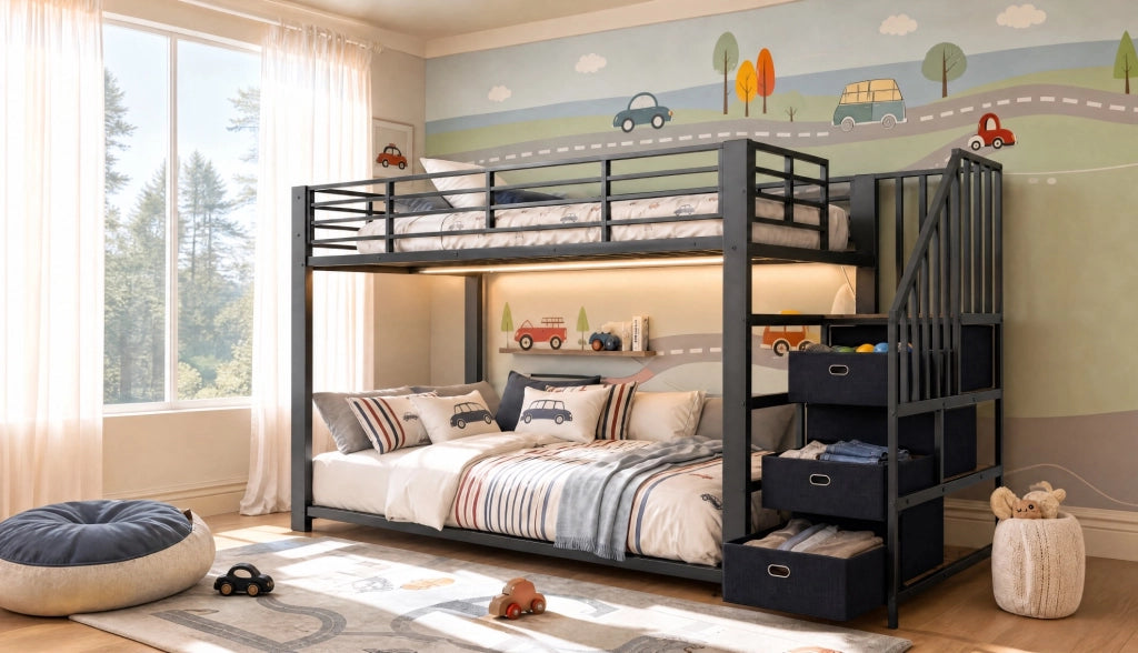 Letto a castello 90 x 200 cm in metallo e MDF con scala e LED, nero