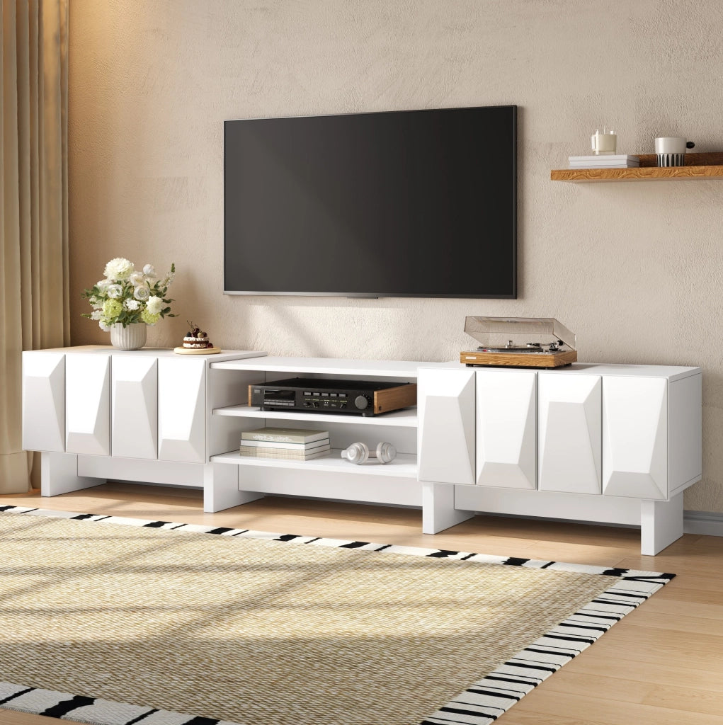 Mobile TV bianco 180 cm con 4 ante, vani aperti e passacavi