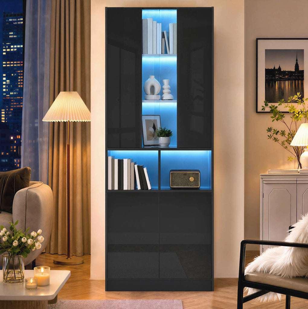 Vetrina alta 70 x 35 x 180 cm in MDF e truciolare nera, LED via app
