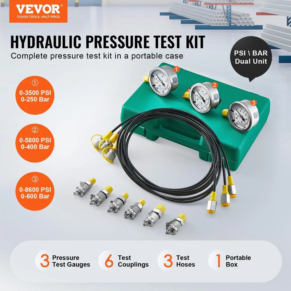 Kit Prova Pressione Idraulica TKS-2 con 3 Manometri 250/400/600 Bar e 6 Giunti, Set Misuratori Idraulici Portatile per Escavatori e Trattori