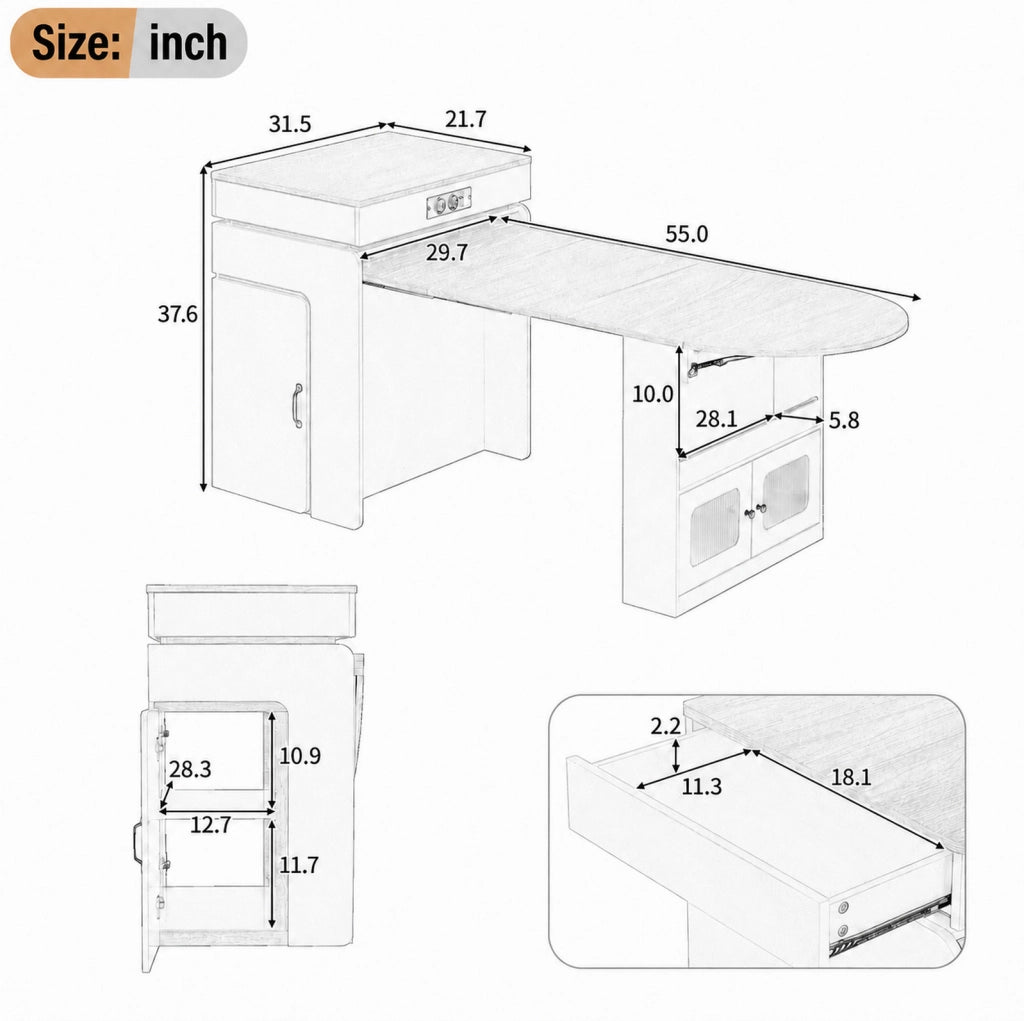Isola cucina allungabile bianca con ruote, LED e ricarica USB
