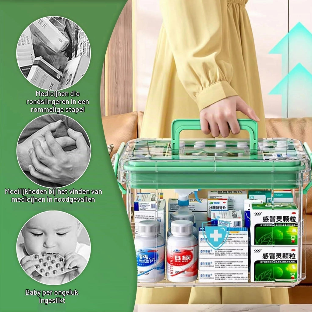 Contenitore per medicinali, a due scomparti, trasparente, dimensioni 31,7 x 23,2 x 18,6 cm