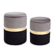 Set da 2 Pouf Rotondi in Velluto con Contenitore Polly Grigio e Nero