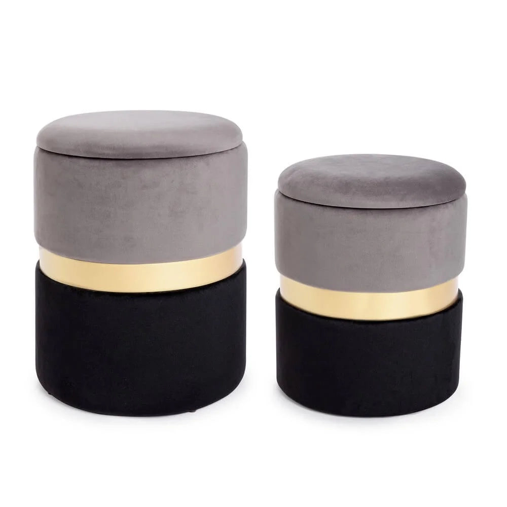 Set da 2 Pouf Rotondi in Velluto con Contenitore Polly Grigio e Nero