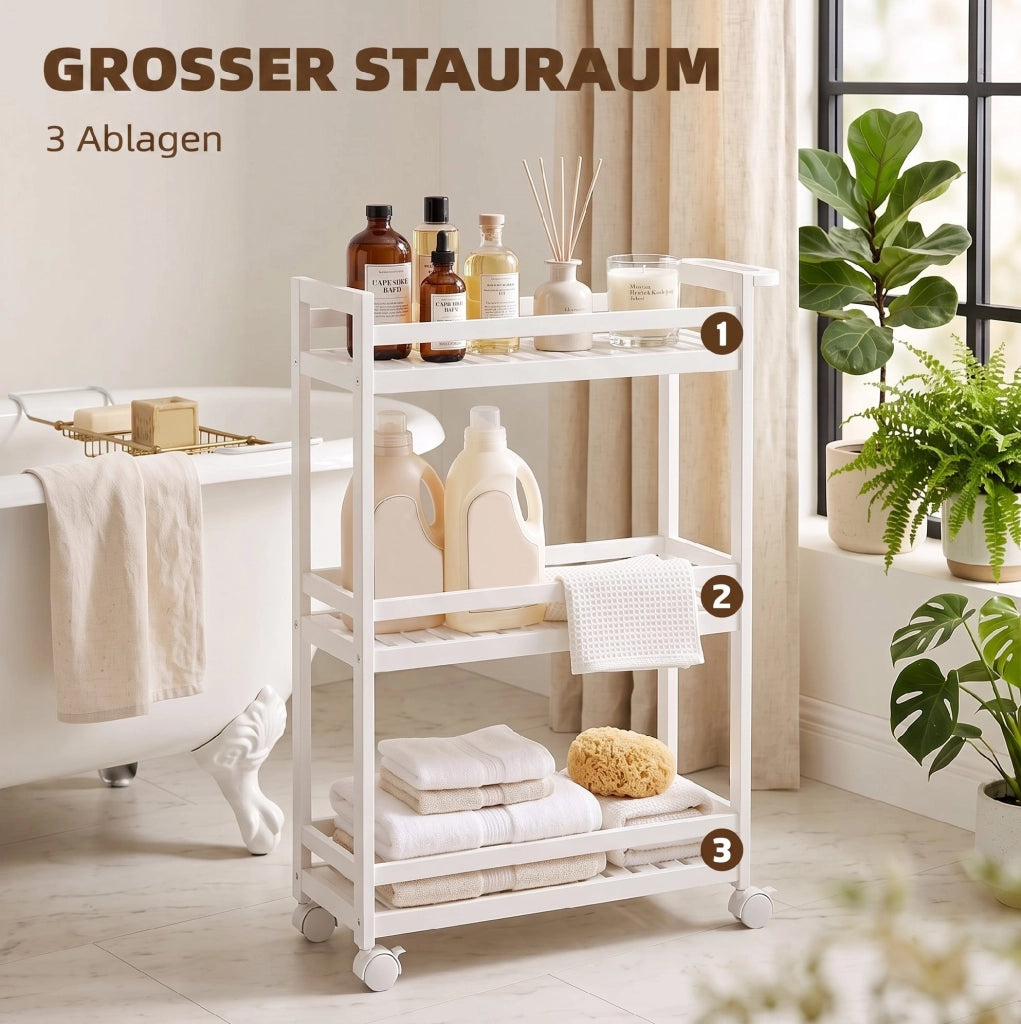 Carrello di servizio in bambù bianco a 3 ripiani, 55 x 20 x 75 cm