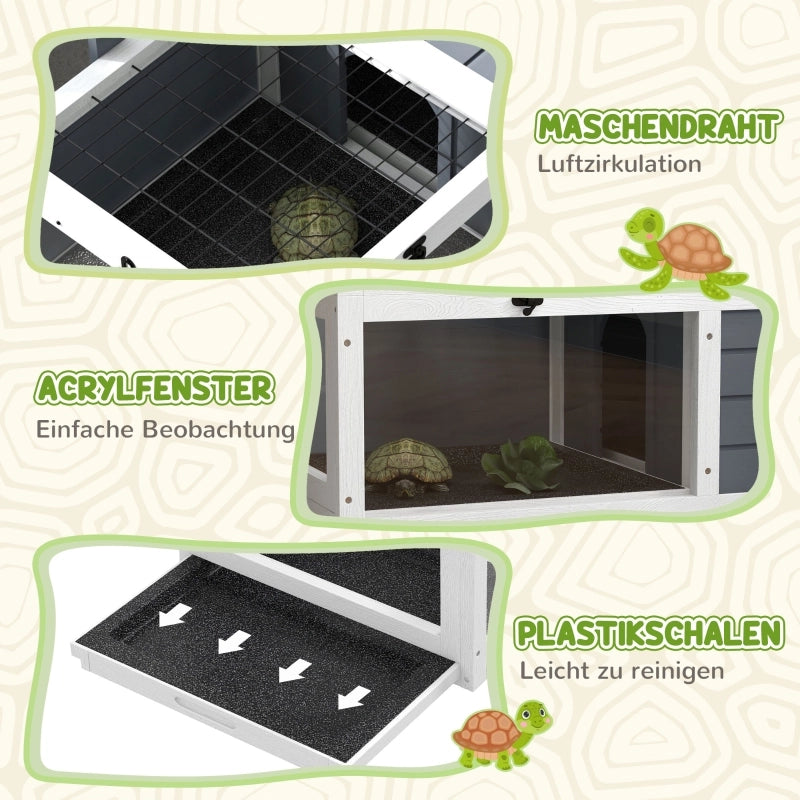 Tartarughiera in legno grigio con 2 vani, coperchio, vaschette in plastica e finestra