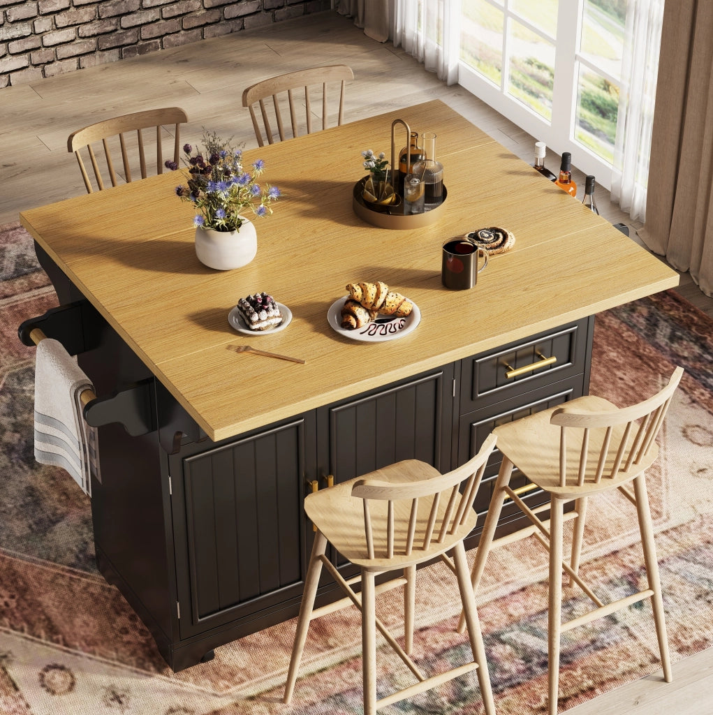 Isola cucina su ruote nera effetto rovere con piani ribaltabili