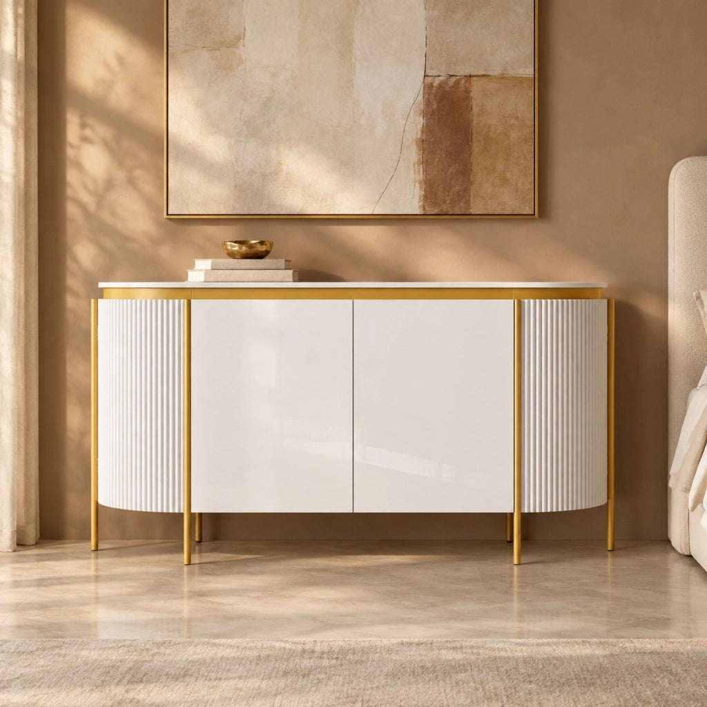 Credenza ovale bianca in MDF con 4 ante e passacavi