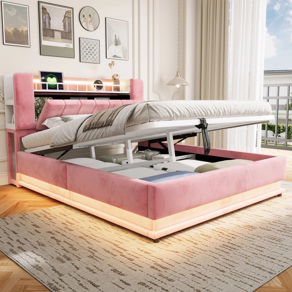 Letto matrimoniale imbottito rosa 160 x 200 cm con LED e vano contenitore