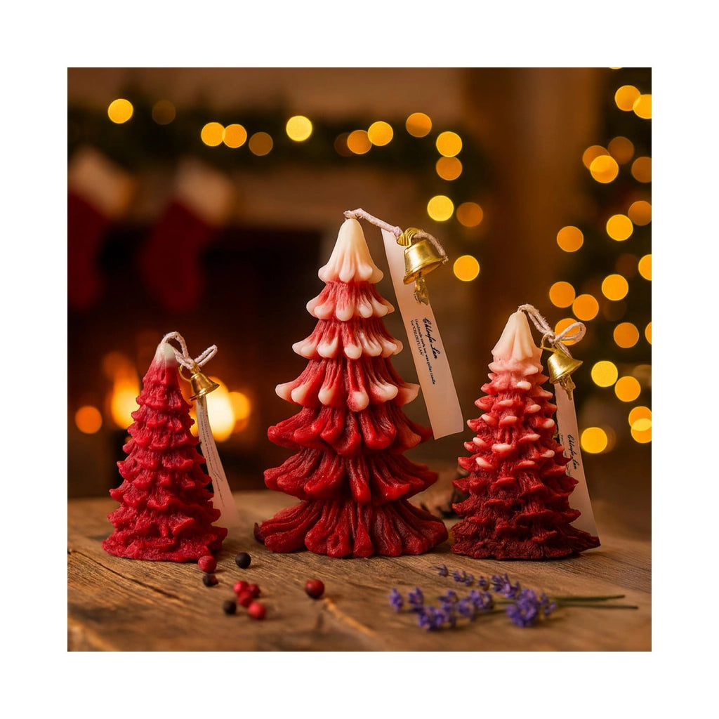 Set di 3 candele per albero di Natale, realizzate con cera di soia, profumate con note di ginepro e lavanda, colore rosso