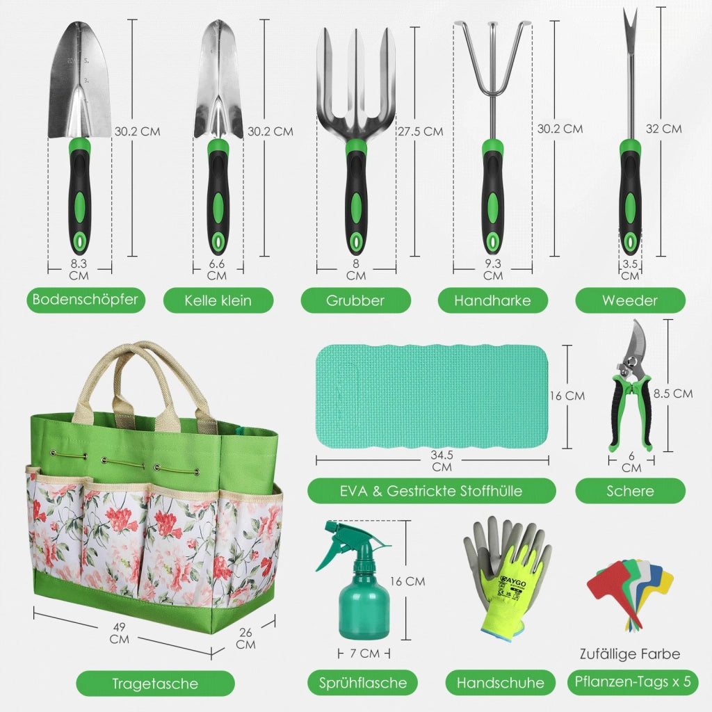 Set da giardinaggio di 10 pezzi con borsa, include cesoie, cazzuola, estirpatore di erbacce, rastrello a mano, ginocchiera, spruzzino e guanti, regalo per appassionati di giardinaggio