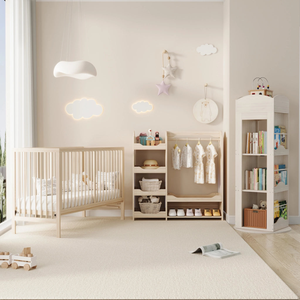 Guardaroba per bambini in pino e MDF con asta e 4 ripiani