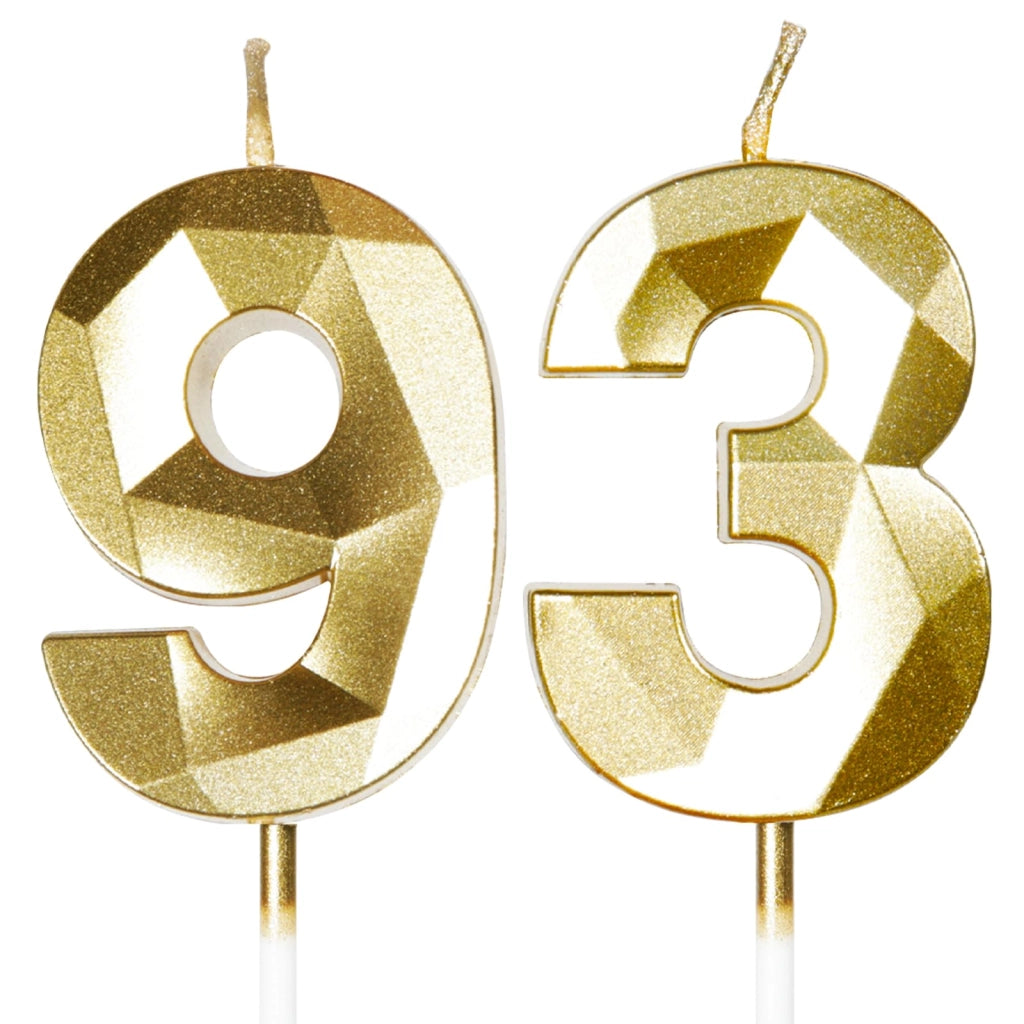 Candeline dorate per il 93° compleanno, numeri 3D "9" e "3", confezione da 2 pezzi