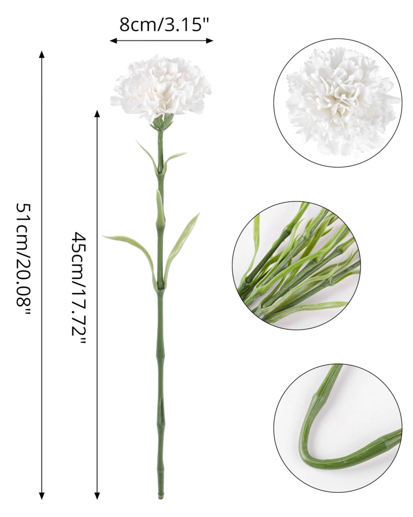 6 garofani artificiali, fiori artificiali, steli da 47 cm, colore bianco