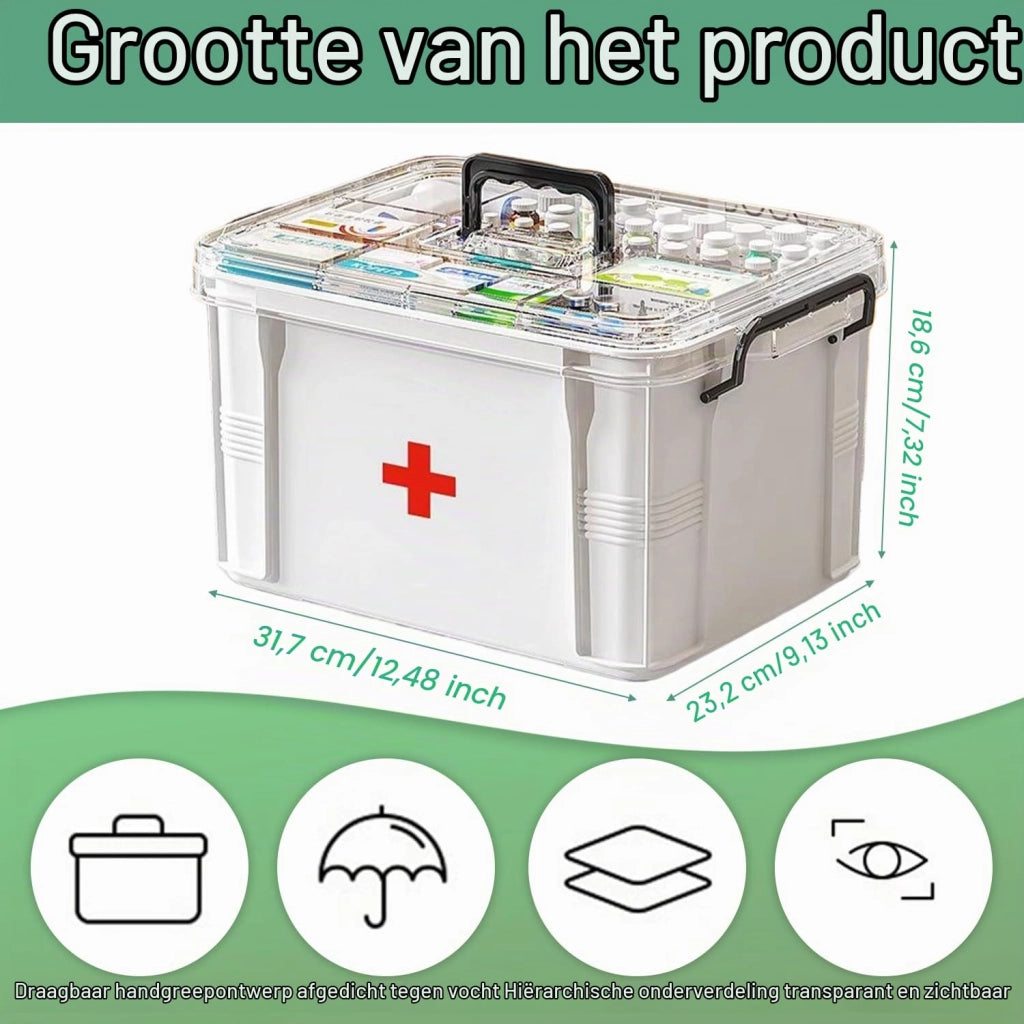 Contenitore per medicinali, a due scomparti, trasparente, dimensioni 31,7 x 23,2 x 18,6 cm