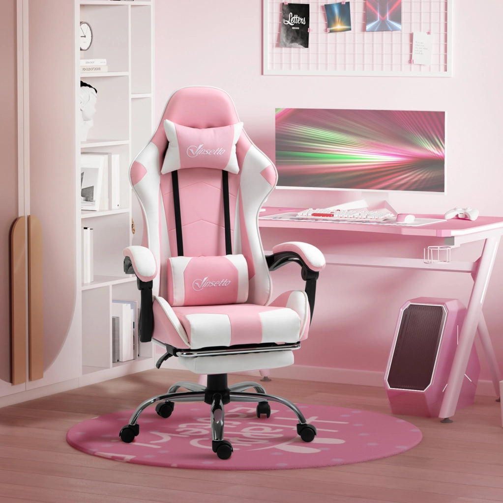Sedia da ufficio gaming ergonomica rosa e bianca con poggiapiedi