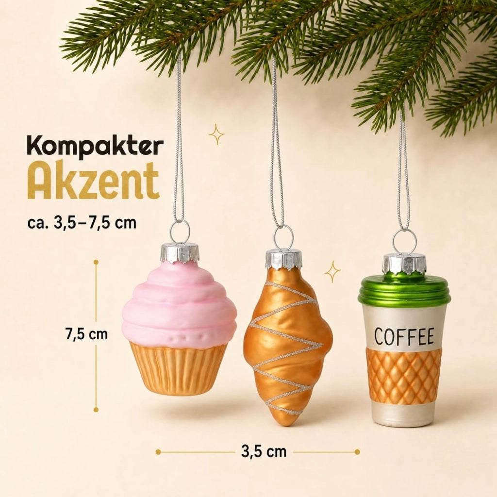 Set di 3 decorazioni natalizie in vetro: caffè e pasticcini