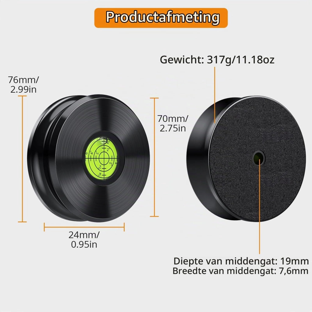 Stabilizzatore per vinile, 317 g, 76 x 24 mm, con livella a bolla