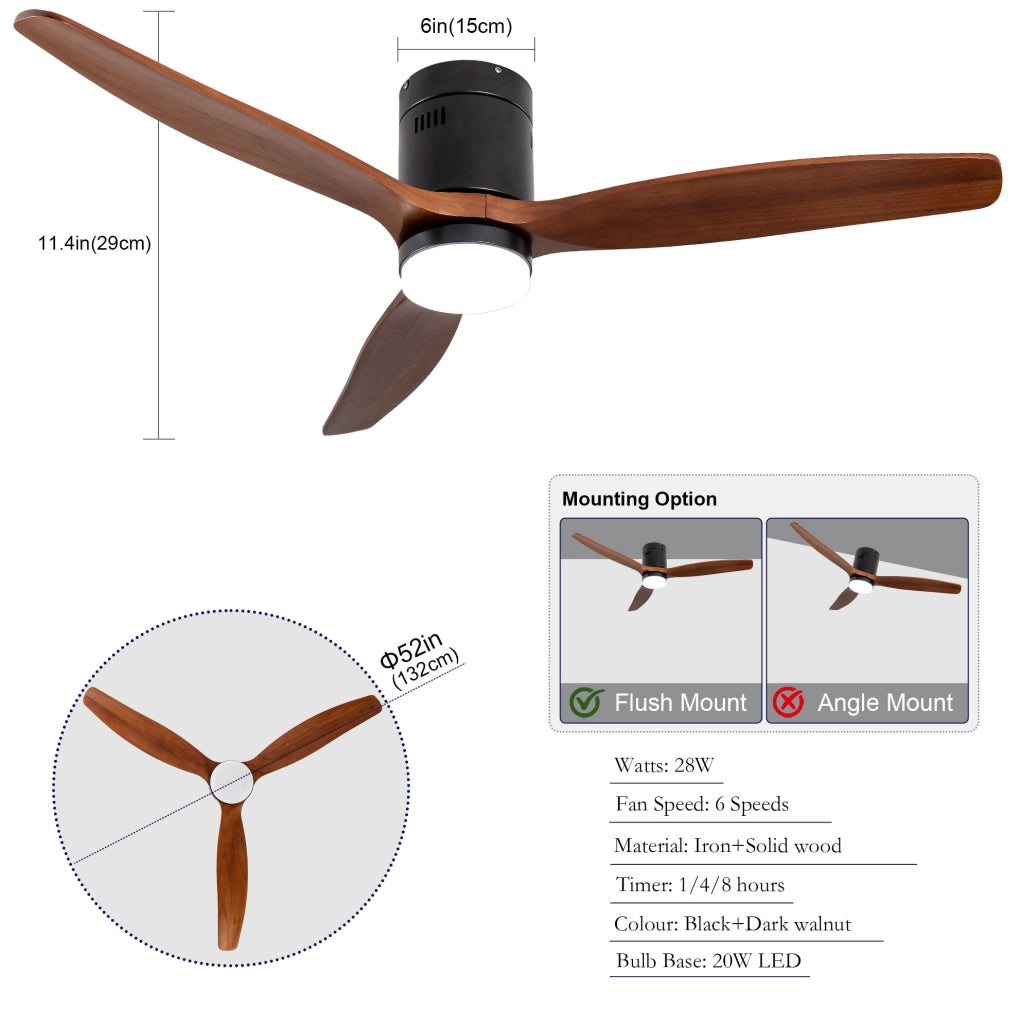 Ventilatore da soffitto nero in metallo e legno; 3 pale con luce LED dimmerabile
