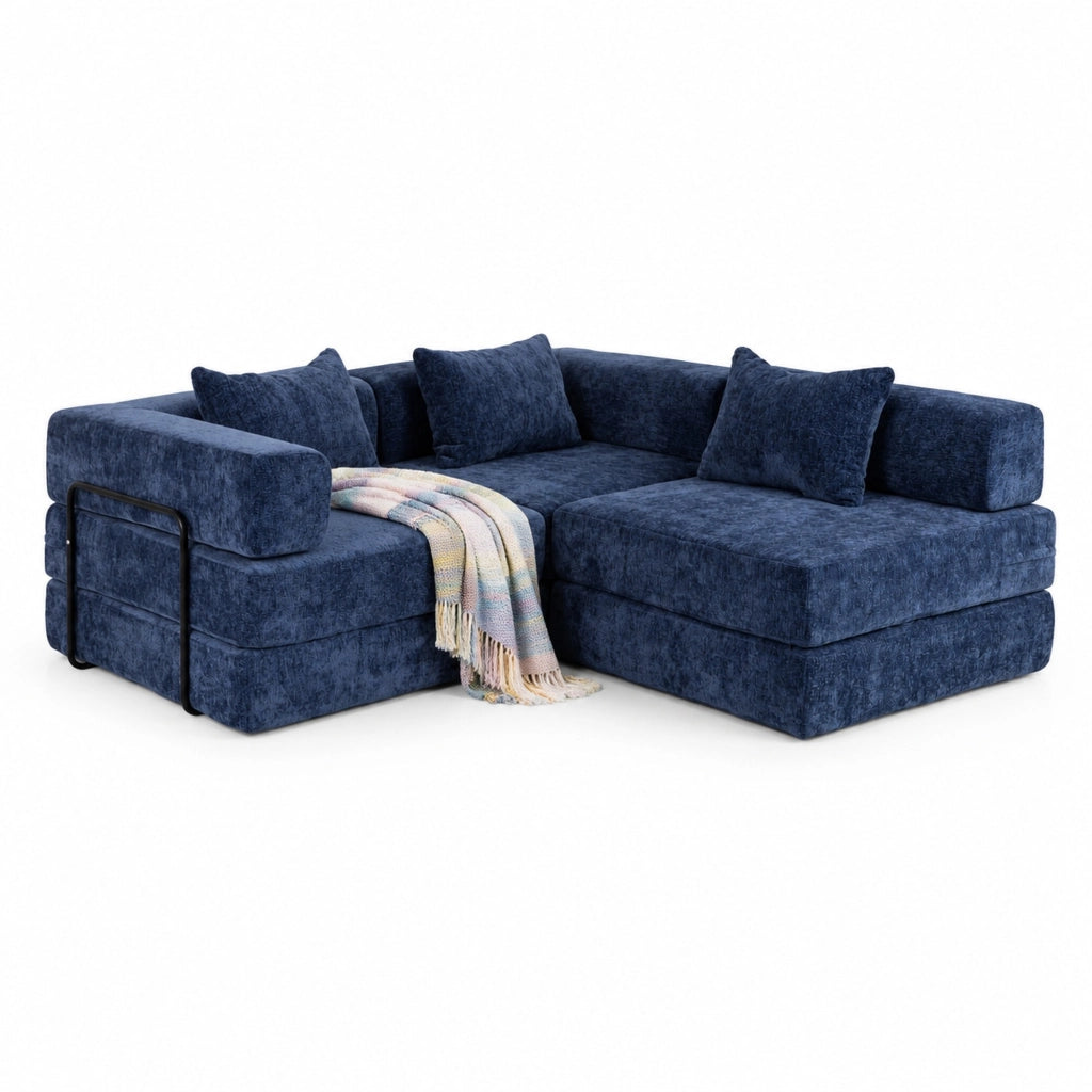 Divano letto componibile in ciniglia blu scuro, 300 x 100 x 63 cm