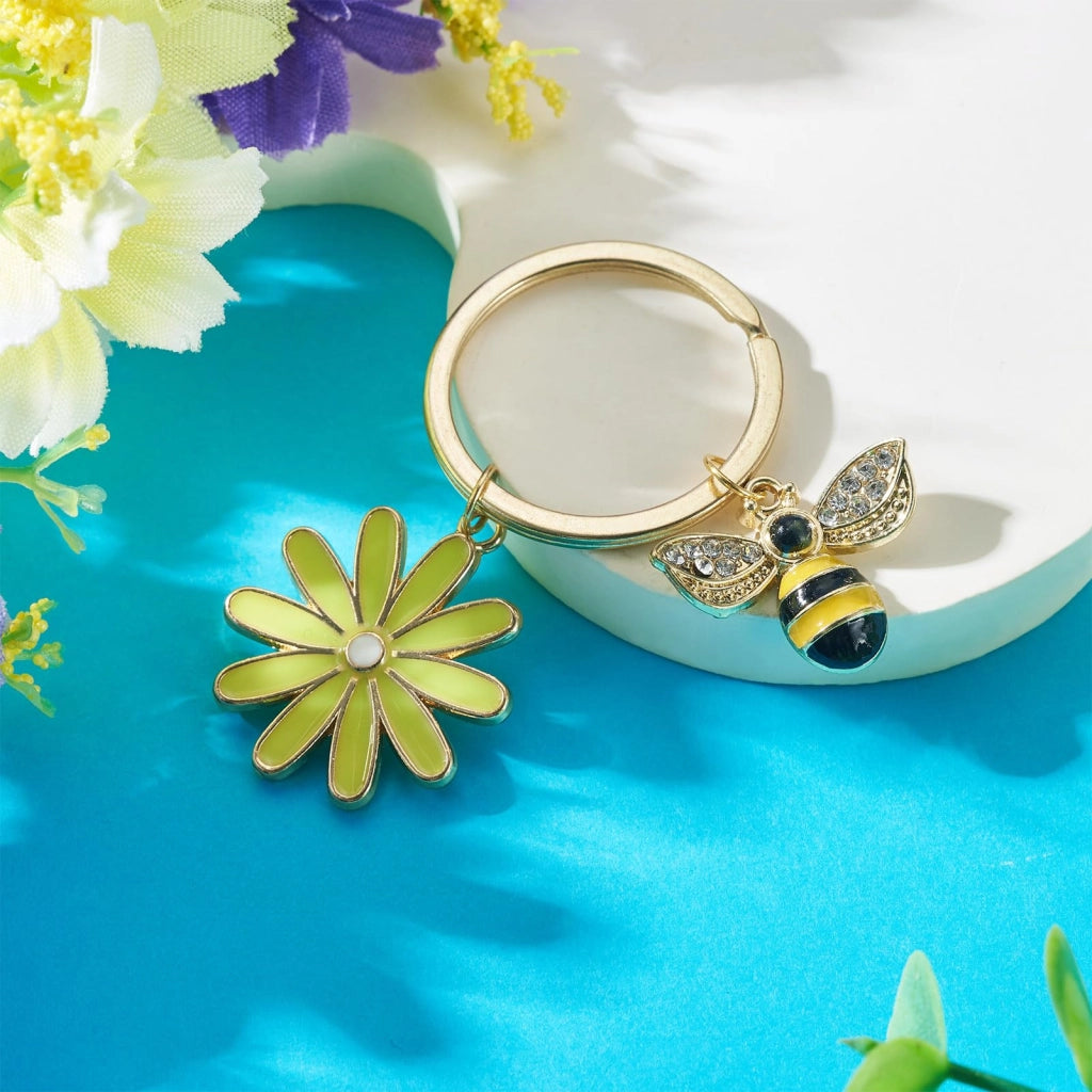 Portachiavi a forma di api e fiori, smaltato, dorato, verde, set da 1 pezzo