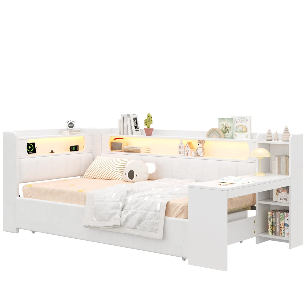 Letto imbottito estraibile bianco con scrivania, luci LED e porte USB