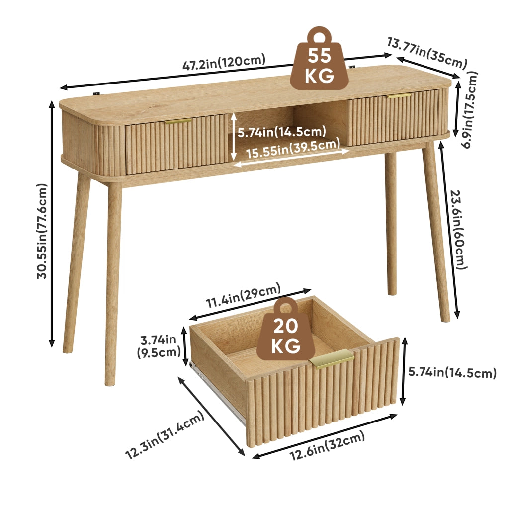 Consolle effetto rovere con due cassetti e ripiano aperto