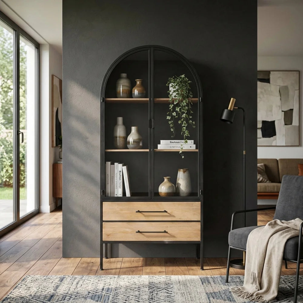 Vetrina Industrial in Metallo e Legno con Ante in Vetro Hand Antracite