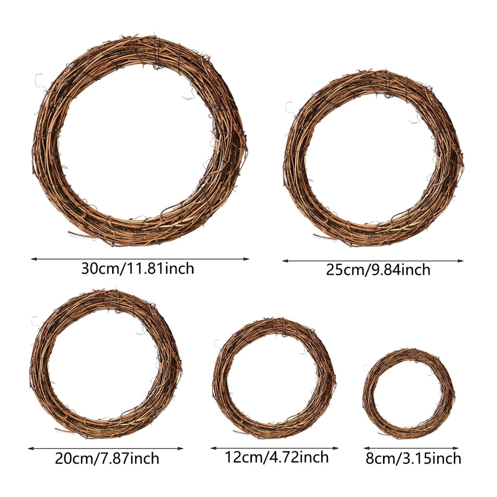 Set di 5 corone di rattan naturale, realizzate a mano, diametro da 8 a 30 cm