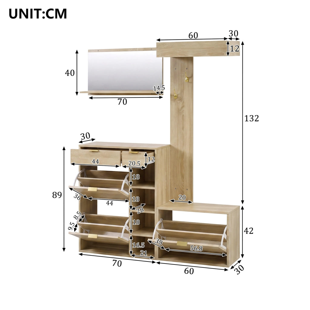 Set da ingresso 4 pezzi con scarpiera, panca, specchio e appendiabiti