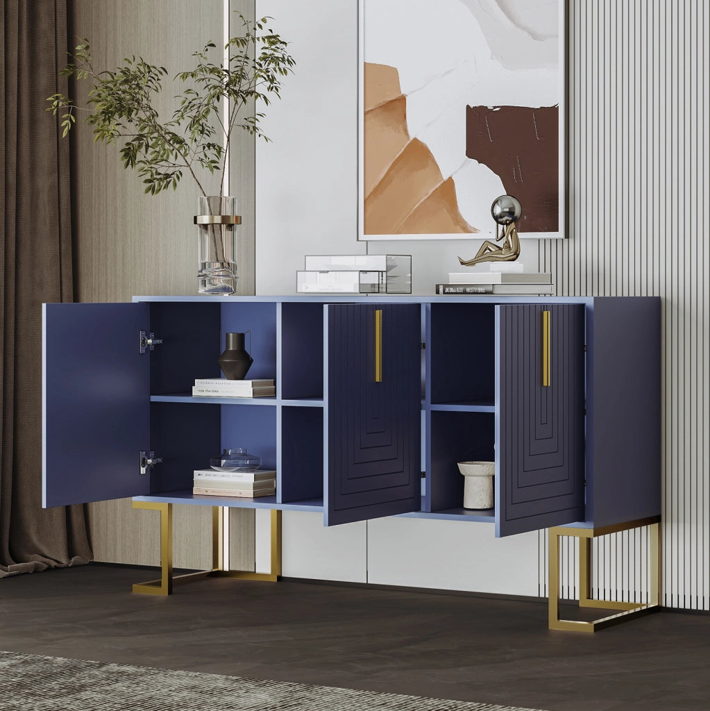Credenza a 3 ante blu navy con ripiani regolabili e base in metallo