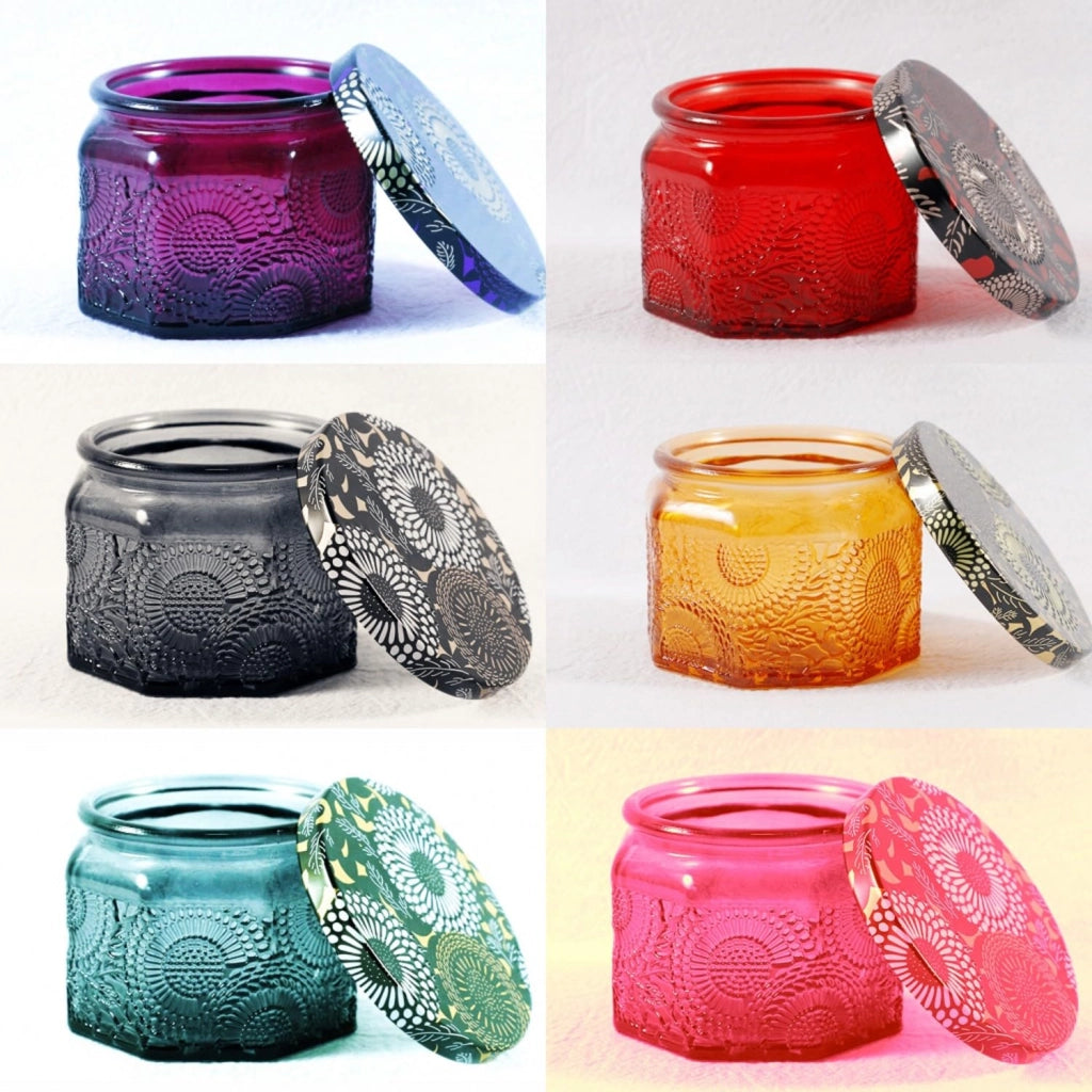 6 portacandele in vetro colorati, riutilizzabili, con coperchio