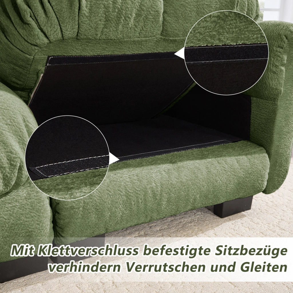 Divano modulare in ciniglia verde con pouf mobili