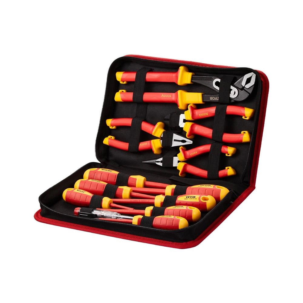 12 Pezzi set di cacciaviti isolati 1000 V per elettricisti, punte Phillips magnetiche, pinze isolate e pinze diagonali, CR-V nero + giallo / rosso
