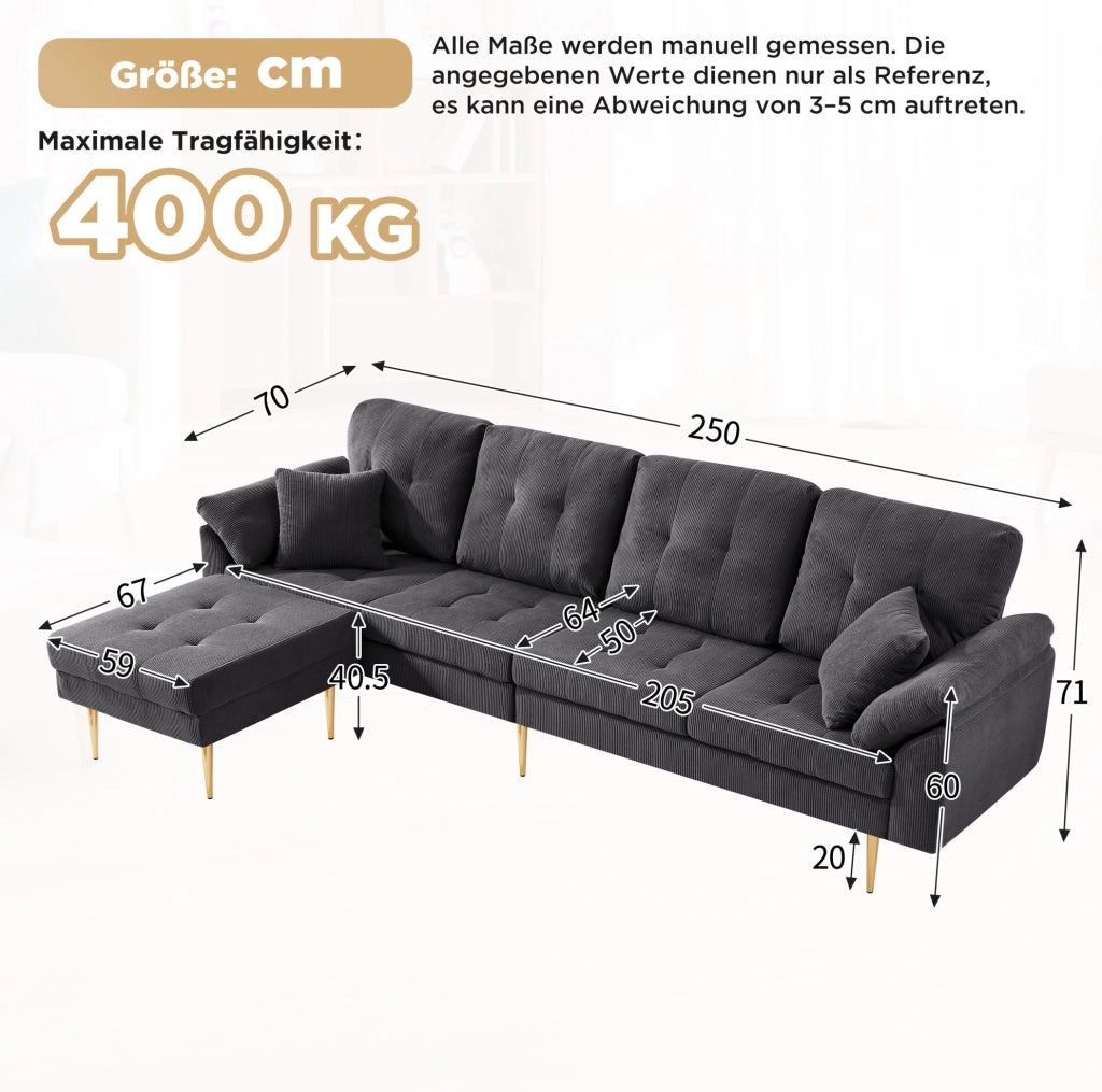 Divano 4 posti in velluto a coste grigio scuro con pouf, 250 cm