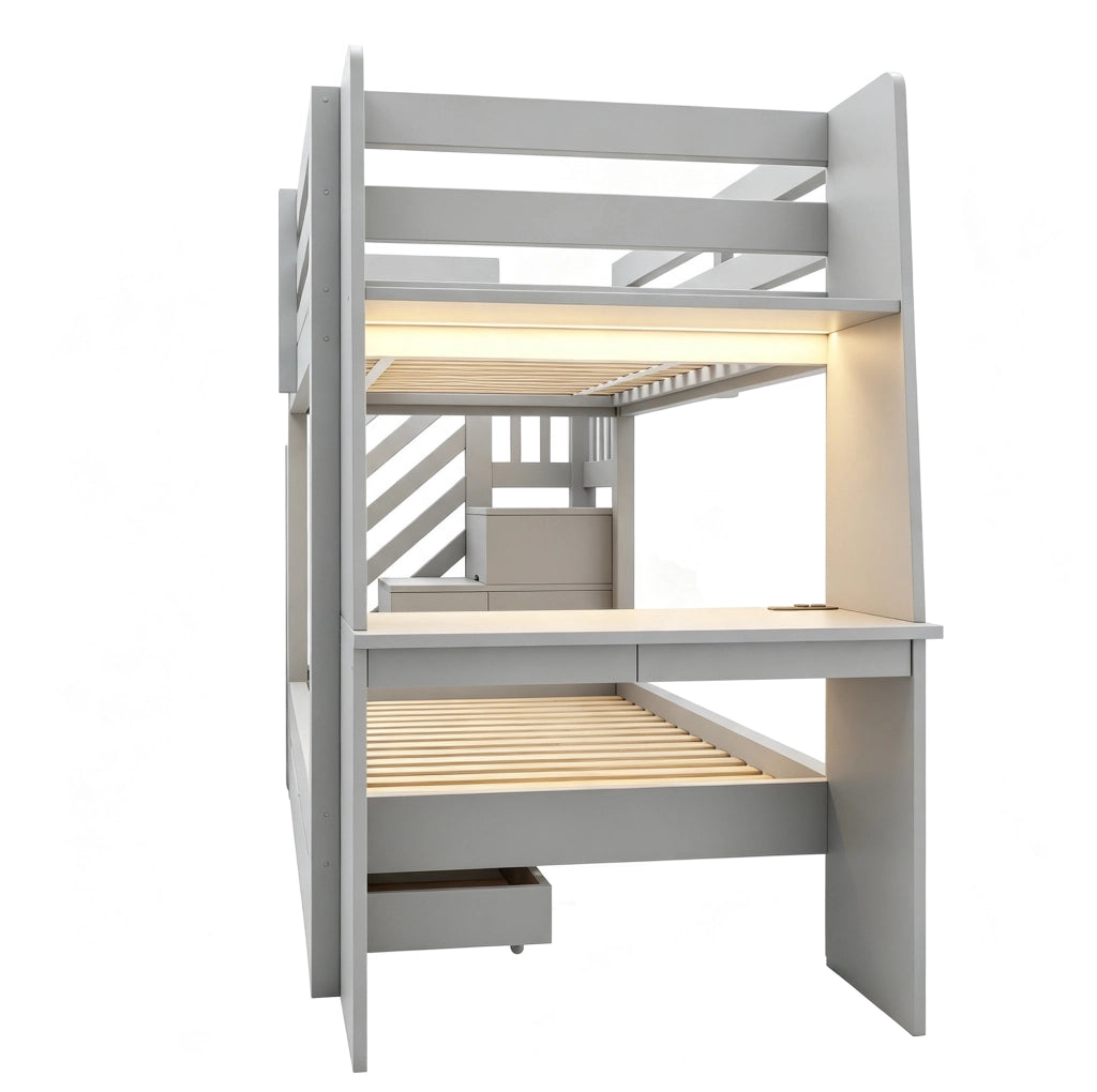 Letto a castello 90 x 200 cm grigio con scrivania, LED e cassetti