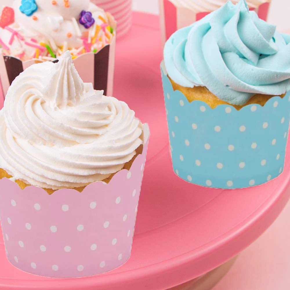 100 stampini di carta per cupcake, con pois, blu/rosa