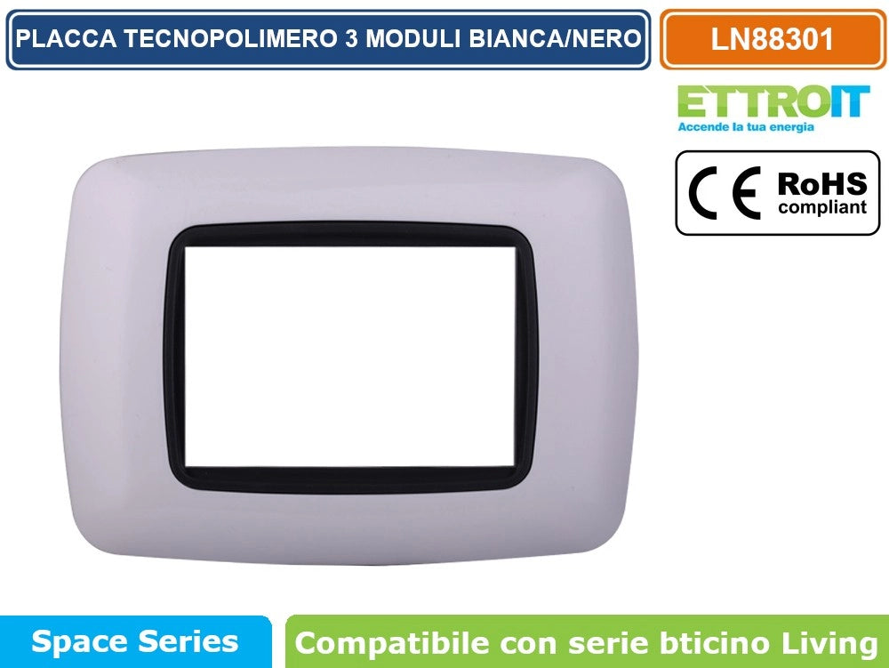 ETTROIT PLACCA IN TECNOPOLIMERO DI COLORE BIANCA CON BORDO NERO COMPATIBILE CON SERIE BTICINO LIVING - Numero Moduli:4 Moduli