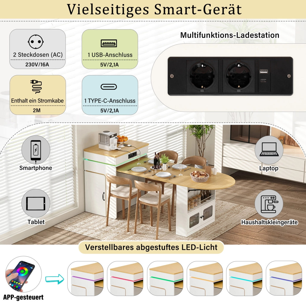 Isola cucina allungabile bianca con ruote, LED e ricarica USB
