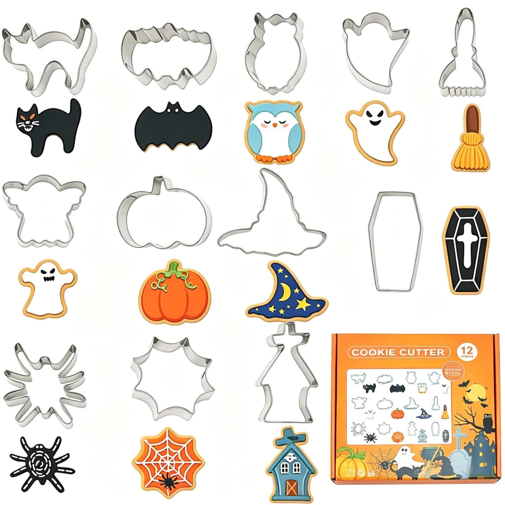 12 stampini per biscotti a tema Halloween, in acciaio inossidabile, di dimensioni da 4 a 9 cm