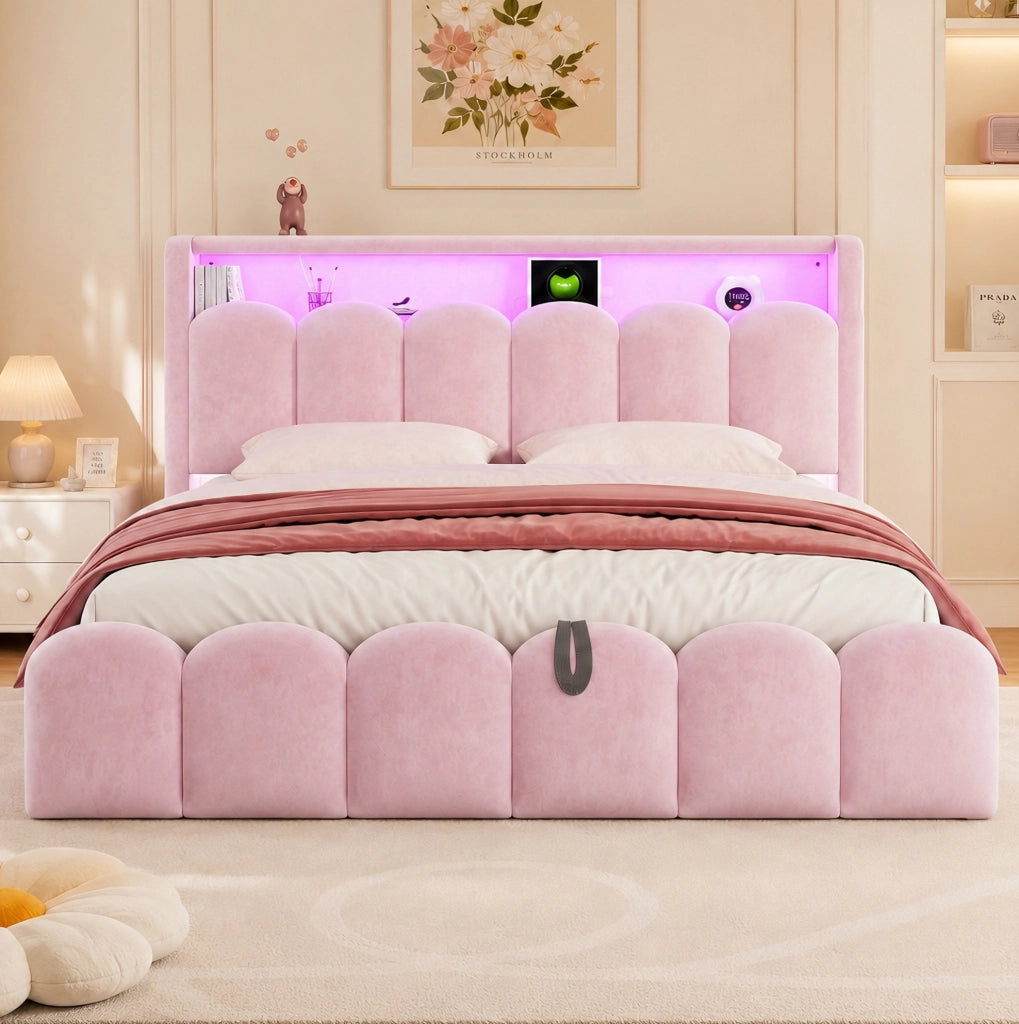 Letto imbottito rosa 180 x 200 cm con contenitore e luci integrate