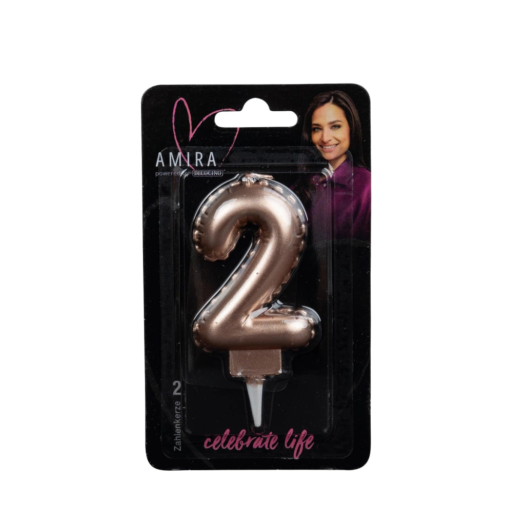 Candela a forma di numero, color rosa oro, numero 2, 7 cm, ideale per torte e dolci