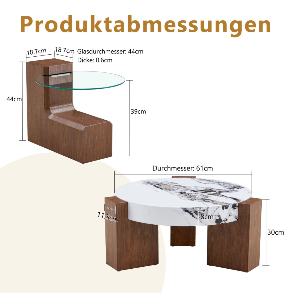 Set 2 tavolini da salotto separabili Ø61 cm in MDF e vetro di sicurezza