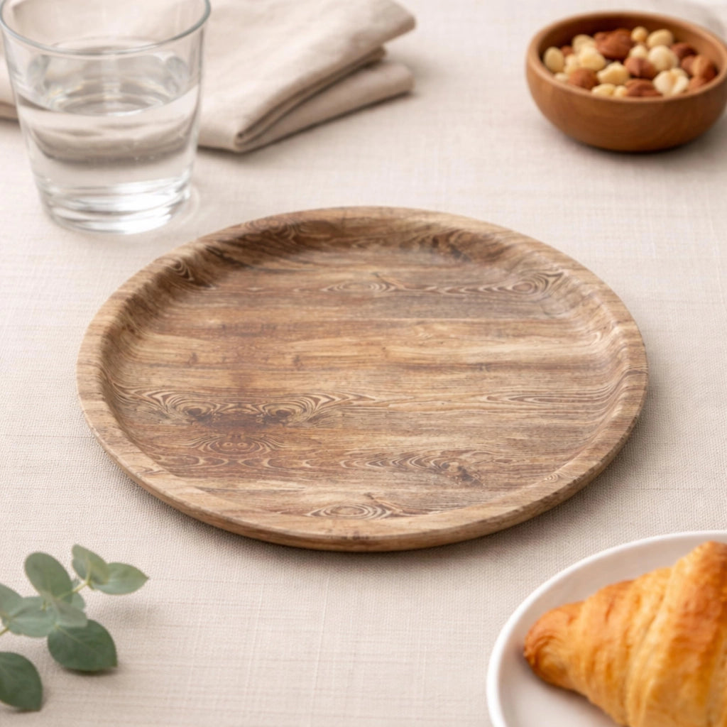 Vassoio servitore rotondo con effetto legno, 24 cm – plastica resistente