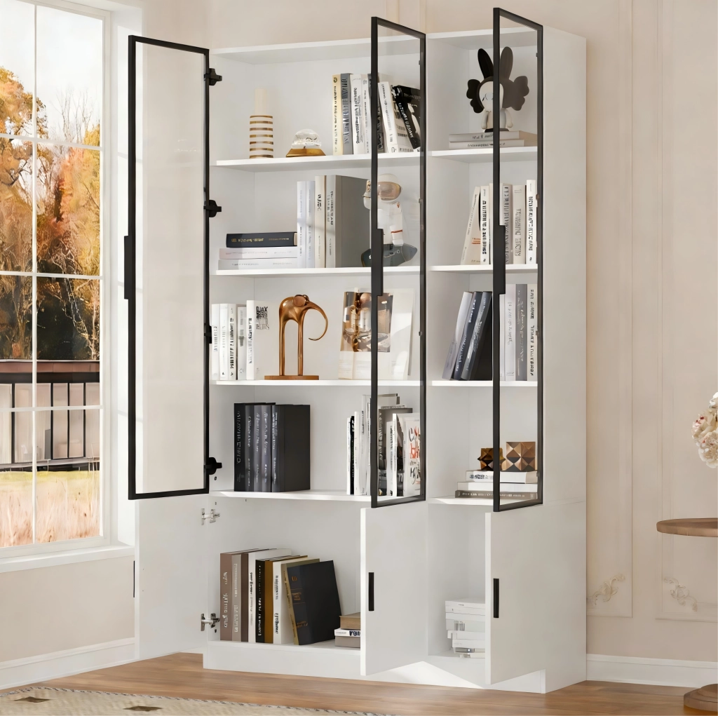 Vetrina bianca in MDF e vetro con 6 ante e illuminazione LED
