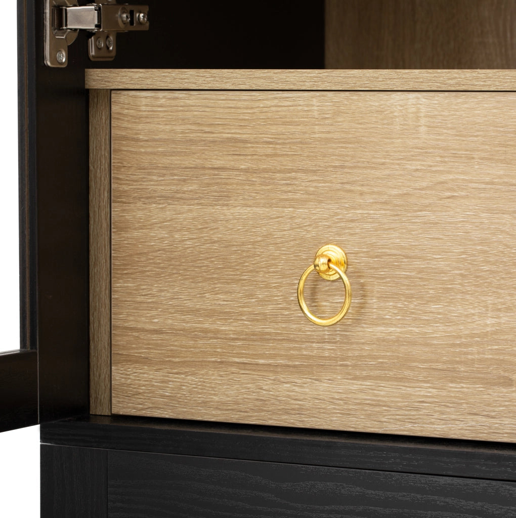 Credenza alta nera con vetro scanalato, ripiani regolabili e cassetti