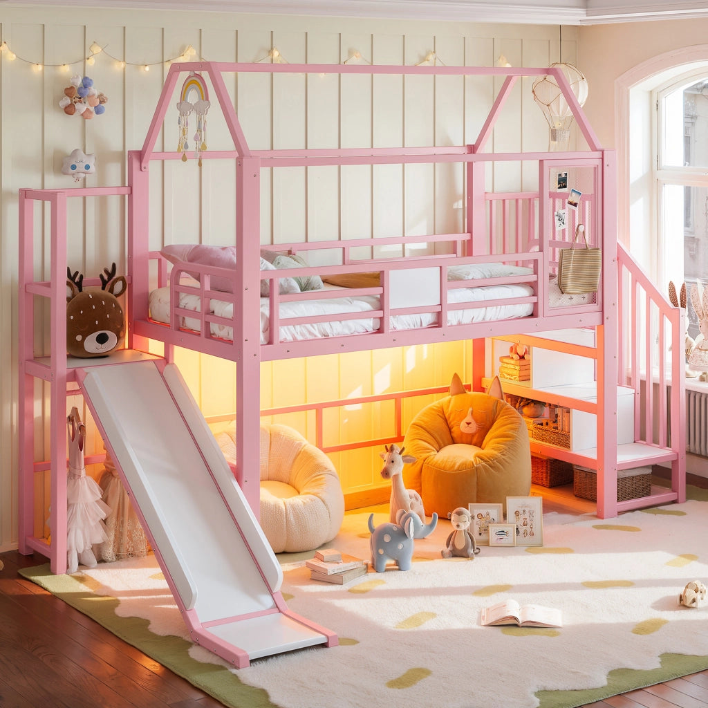 Letto a soppalco rosa per bambini con scivolo e scala