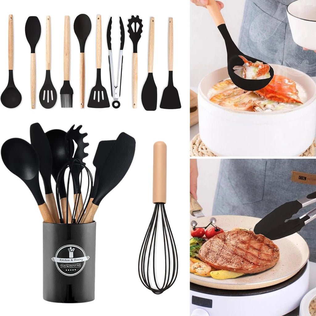 Set di 12 utensili da cucina in silicone nero con supporto